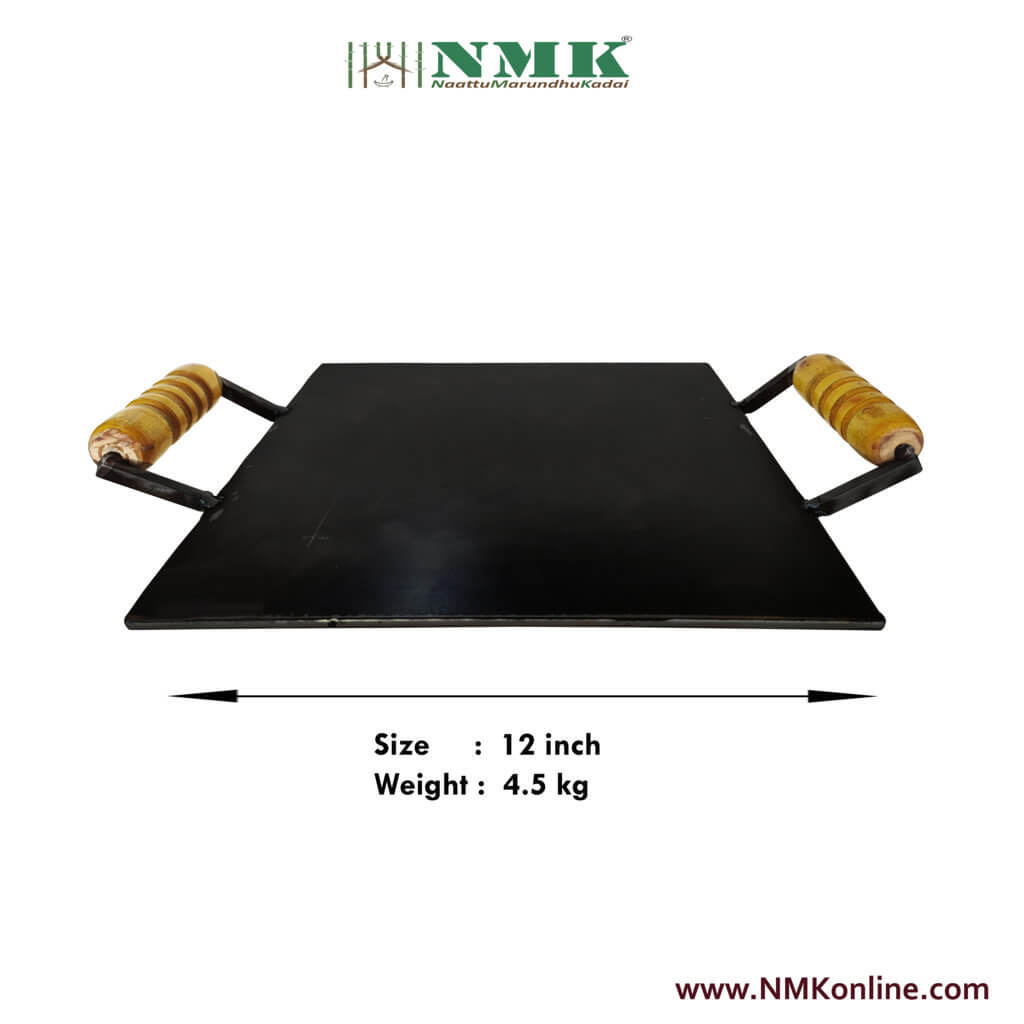 Pure Iron Square Dosa Tawa 12 inch | Wooden Handle 
